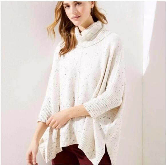 LOFT Cream Speckled Turtleneck Poncho Sweater // L - Picture 1 of 10